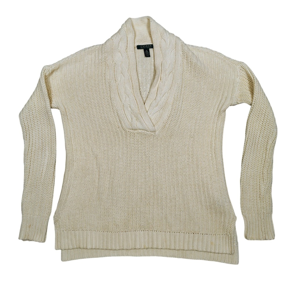 Lauren Ralph Lauren Sweater Men XS Cream Shawl Collar Cable Knit Cotton Pullover